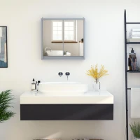 HOMCOM Dulăpior Suspendat de Baie cu Uși Duble din Sticlă și Raft Reglabil, 48x14.5x45cm, Gri(m-6)