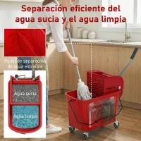 HOMCOM Cubo de Fregar con Escurridor Panel Separador y Ruedas Capacidad 20L para Limpieza Doméstica 45x26,5x70 cm Rojo(m-5)
