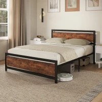 HOMCOM Cadre de lit double 200 x 160 cm en acier avec sommier et tête de lit compatible matelas aspect bois foncé(m-8)