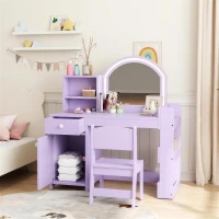 AIYAPLAY Kids Vanity Table and Chair Set, Kids Vanity Table with 2-Colour LED Mirror, Stool, Cabinet, Drawer, Shelves, Purple(m-14)