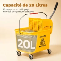 HOMCOM Chariot de nettoyage lavage seau de ménage 20 L avec essoreur et séparateur eau sale propre jaune 60L x 27l x 70,5H cm(m-7)