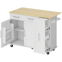 HOMCOM Fahrbare Kücheninsel, erweiterbare Oberfläche, Schranktüren, Schubladen, Handtuchhalter, Küchenwagen aus MDF, Weiß(m-1)
