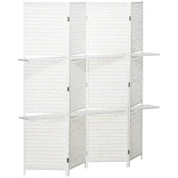 HOMCOM Paravent 4-teilig 181 x 180 cm Faltbar Raumteiler mit 2 Regalen aus Kiefernholz, Bambus für Schlafzimmer, Weiß(m-1)