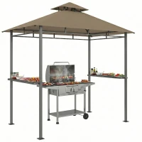 Outsunny Abri barbecue extérieur, tonnelle de jardin 245x146x255cm en métal, double toit, 2 étagères latérales, marron(m-13)