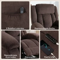 HOMCOM Sillón Relax Reclinable Eléctrico Levanta Personas con Puerto USB Control Remoto Asiento Ancho Reposapiés Marrón(m-6)