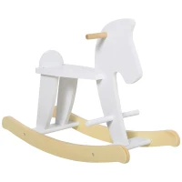 HOMCOM Cheval à Bascule en Bois - Jeu à Bascule Avec Poignées, Repose-Pied et Butées - MDF Contreplaqué Blanc et Bois Naturel(m-12)