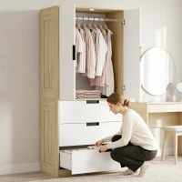 HOMCOM Modern Clothes Storage Cupboard Unit, 3 Drawer 2 Door Wardrobe with Hanging Rod, Oak(m-7)