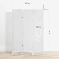 HOMCOM Separé Paravento da Interni Pieghevole a 3 Pannelli in Legno Intagliato, 120x170cm, Bianco(m-3)