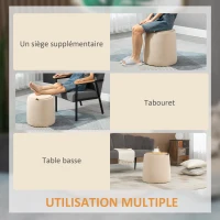 HOMCOM Pouf coffre rangement, pouf repose-pieds en tissu velours givré, couvercle réversible, Ø 44 x 47,5 cm, beige(m-7)
