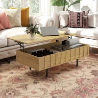 HOMCOM Table Basse Relevable avec 2 Compartiments Cachés et Latéraux Cannelés, Style Mid-Century Modern, 110x55x36,5cm, Chêne(m-9)
