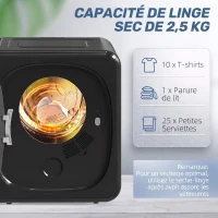 HOMCOM Sèche linge à évacuation électrique 800 W 2,5 Kg avec 5 modes de séchage, cuve en acier inoxydable, charge frontale(m-4)