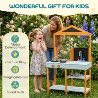 AIYAPLAY Mud Kitchen for Kids, Outdoor Wooden Play Kitchen with Sink, Stove, Cookware, Shelves, Pretend Play Toy for Ages 3-8(m-9)
