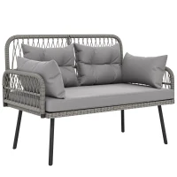 Outsunny Canapé de jardin avec coussins et oreillers 2 places en résine tressée, canapé d'extérieur avec accoudoirs gris foncé(m-12)