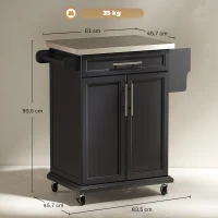 HOMCOM Dessert cuisine desserte à roulettes îlot central cuisine avec plateau en acier inox, étagère réglable, tiroir, porte-épices, porte-couteaux, 83,5 x 45,7 x 90,5 cm, noir(m-3)