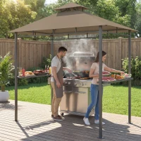 Outsunny Abri barbecue extérieur, tonnelle de jardin 245x146x255cm en métal, double toit, 2 étagères latérales, marron(m-11)