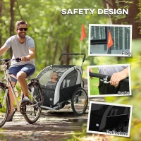 HOMCOM 2 Seat Bike Trailer with 5 Point Harness, Baby Bike Stroller with Safety Flag, Reflectors, for 18+ Months, Black(m-8)