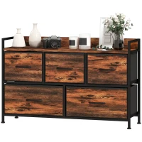 HOMCOM Commode, meuble de rangement avec 5 tiroirs en tissu pliables, plateau et cadre en acier, 98 x 29 x 63 cm, brun rustique(m-12)
