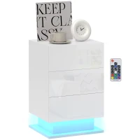 HOMCOM Noptieră Modernă cu Lumină LED Reglabilă, Telecomandă și 3 Sertare, 40x35x60 cm, Alb Lucios(m-11)