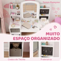 AIYAPLAY Penteadeira Infantil com Espelho LED, Cadeira, Gavetas em Tecido, Ganchos para Joias e Prateleiras, 3-8 Anos, Branco(m-6)