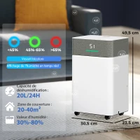 HOMCOM Déshumidificateur d'air 20 L/jour, déshumidificateur silencieux, réservoir d'eau 4,5 L, 30,5x23,5x49,5cm, blanc(m-3)