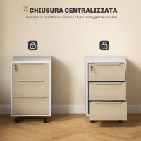 HOMCOM Schedario da Ufficio con 3 Cassetti, 4 Ruote, Cassettiera Ufficio con Serratura e 2 Chiavi, Bianco e Rovere(m-7)