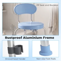 HOMCOM 360° Swivel Shower Stool with Aluminium Frame, 5-Level Adjustable Height, Backrest, Non-Slip Shower Chair for Elderly(m-7)