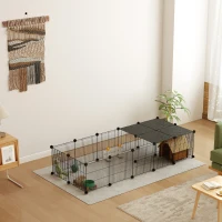 PawHut Enclos pour petits animaux, cage à lapin modulable 2 niveaux, 39 panneaux avec rampe, en acier, 140 x 70 x 105 cm, noir(m-10)
