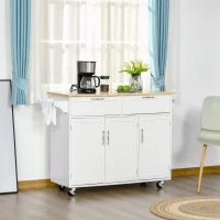 HOMCOM Carrinho de Cozinha com Rodas 2 Gavetas 3 Portas Prateleiras Ajustáveis e Barra para Sala de Jantar 121x46x91 cm Branco(m-10)
