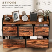 HOMCOM Commode, meuble de rangement avec 5 tiroirs en tissu pliables, plateau et cadre en acier, 98 x 29 x 63 cm, brun rustique(m-4)