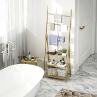 HOMCOM Scaffale Bagno 3 Ripiani con Porta Asciugamani a 3 Barre, Autoportante e Pieghevole in Legno di Bambù(m-8)