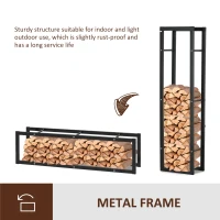 HOMCOM Metal Firewood Log Holder Tall Firewood Rack Indoor Outdoor Fireplace Wood Storage Shelf with Side Rails, Rust-Resistant, Black, 40W x 25D x 150H cm(m-6)