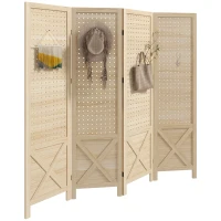HOMCOM Paravent intérieur en bois 4 panneaux séparateur de pièce pliable panneau perforé 152 x 1,7 x 144,5 cm bois naturel(m-11)