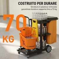 HOMCOM Carrello Pulizie: Ruote, 3 Ripiani, Sacco 70L, Secchio con Strizzatore.(m-8)