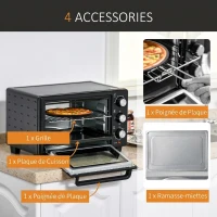 HOMCOM Mini four 1400 W 21 L - thermostat 230°C max - minuteur 60 min - 3 modes de cuisson - 4 accessoires inclus - acier inox. métal verre trempé noir(m-6)