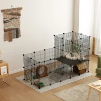 PawHut Enclos pour petits animaux, cage à lapin modulable 2 niveaux, 39 panneaux avec rampe, en acier, 140 x 70 x 105 cm, noir(m-13)