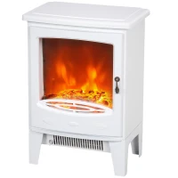 HOMCOM Tempered Glass Casing Electric Fireplace, Freestanding Electric Fire with Realistic Flame Effect, Log Burner with Overheat Protection, 1000w/ 2000W, White(m-1)