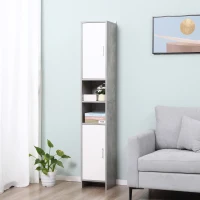 kleankin Colonna Bagno con 2 Armadietti e 2 Vani Aperti in Legno Effetto Cemento, 30x30x180cm(m-10)