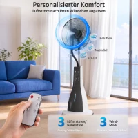 HOMCOM Ventilator mit Sprühnebel-Funktion, 75 Grad drehbar, 3 Geschwindigkeiten, 3 Modi, 3-Liter-Wassertank, Schwarz+Weiß(m-5)