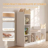 AIYAPLAY Bibliothèque Enfant, Meuble Rangement Enfant 3 en 1 avec Banc, 6 Compartiments, 2 Étagères, Coussin d'Assise, Blanc(m-6)