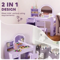 AIYAPLAY Kids Vanity Table and Chair Set, Kids Vanity Table with 2-Colour LED Mirror, Stool, Cabinet, Drawer, Shelves, Purple(m-4)