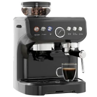 HOMCOM Machine à expresso 1600W avec moulin à grains, buse vapeur, pompe italienne 15 bars, réservoir d'eau 2 L, noir(m-12)
