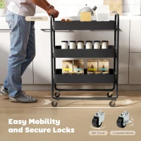 HOMCOM 3-Tier Storage Trolley on Wheels, Rolling Utility Cart with Mesh Backets for Kitchen, Bathroom, Bedroom, Black(m-5)