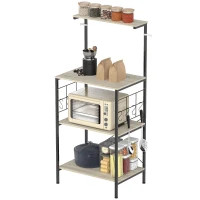 HOMCOM Raft Bucătărie 4 Nivele cu Panouri de Plasă și 8 Cârlige Stil Industrial, 60x42x134.5 cm, Stejar(m-12)