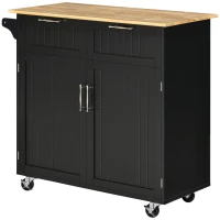 HOMCOM Mueble Auxiliar de Cocina con Ruedas 2 Cajones 2 Puertas Estante Ajustable y Toallero 104x46x91 cm Negro(m-11)