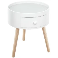 HOMCOM Modern Side Table, Small Coffee Table, Round Bedside Table with Drawer and Wood Legs for Living Room, Bedroom, White(m-1)