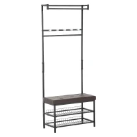 HOMCOM Porte-manteau vestiaire d'entrée banc intégré 2 étagères 5 patères + barre de penderie métal noir revêtement synthétique chocolat(m-9)