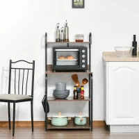 HOMCOM 4-Tier Baker's Rack, Microwave Stand with 4 Hooks, Kitchen Storage Unit for Spices, Pots and Pans, Rustic Brown(m-10)