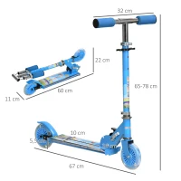 HOMCOM Patinete Infantil Plegable con Luces Música Altura Ajustable Ruedas Brillantes Pedal LED Carga 50kg 67x32x65-78 cm Azul(m-3)