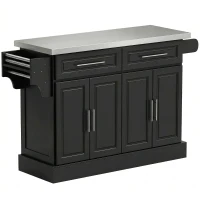 HOMCOM Isla de Cocina con Ruedas Tablero de Acero Inoxidable Cajones Estantes Ajustables Especiero Toallero 145x45x93 cm Negro(m-1)