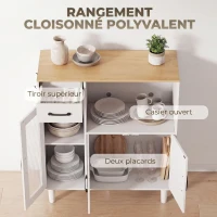 HOMCOM Buffet cuisine, meuble de rangement avec tiroir, 3 portes dont 1 en acrylique cannelée, étagère ouverte, blanc et chêne(m-5)